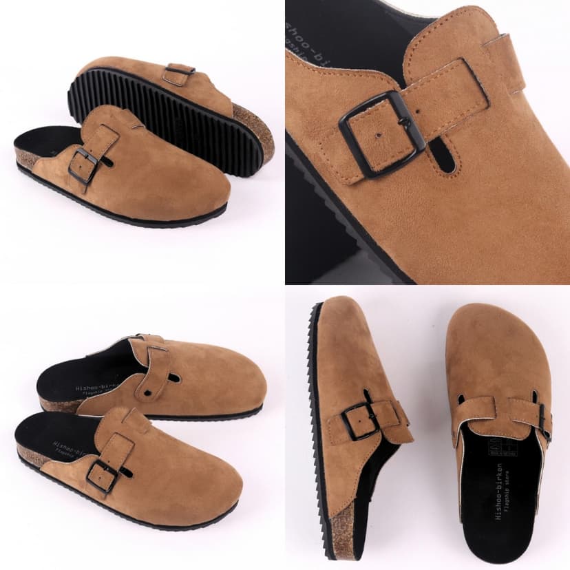 Ảnh Dép đế trấu sục Boston nam nữ unisex quai ngang da lộn (Xám/ Kem/Bò) đi học công sở bigsize chính hãng Hishoo VNXK R109 4