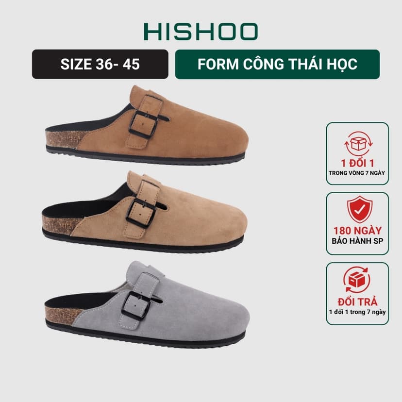 Ảnh Dép đế trấu sục Boston nam nữ unisex quai ngang da lộn (Xám/ Kem/Bò) đi học công sở bigsize chính hãng Hishoo VNXK R109 1