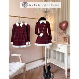 Thumbnail Váy Nữ Chất Dạ Kẻ Đỏ Ép Alice, Váy Dáng Ngắn Phối Thô, Cổ Sơ Mi, Tay Áo Dài Phù Hợp Đi Chơi, Dạo Phố V1299 2