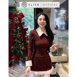 Thumbnail Váy Nữ Chất Dạ Kẻ Đỏ Ép Alice, Váy Dáng Ngắn Phối Thô, Cổ Sơ Mi, Tay Áo Dài Phù Hợp Đi Chơi, Dạo Phố V1299 3