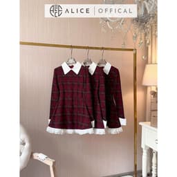 Thumbnail Váy Nữ Chất Dạ Kẻ Đỏ Ép Alice, Váy Dáng Ngắn Phối Thô, Cổ Sơ Mi, Tay Áo Dài Phù Hợp Đi Chơi, Dạo Phố V1299 1