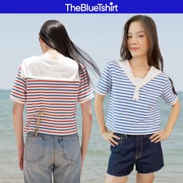 Thumbnail TheBlueTshirt - Áo thun sọc cổ V viền trắng thắt nơ cho nữ - Sailor T - Women 1