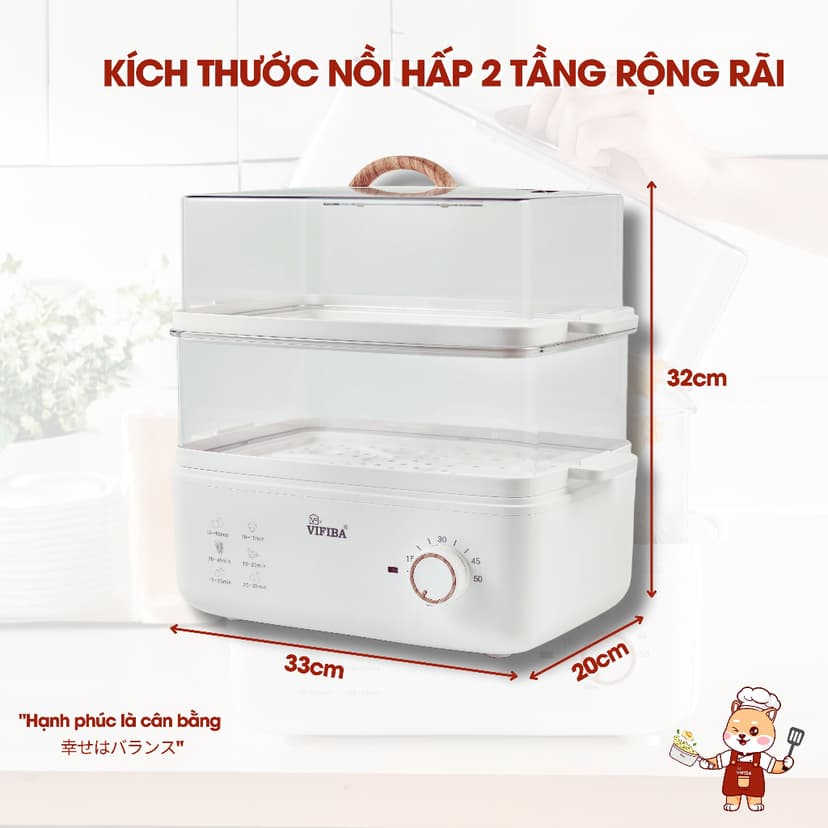 Ảnh Nồi Hấp Điện 2 Tầng VIFIBA Chính Hãng - Nồi Hấp Hẹn Giờ - Dung Tích 10L, Hấp Gà Nguyên Con 3kg 4