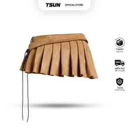 Thumbnail Váy Ngắn Nữ Xếp Ly Vải Da Lộn Màu Nâu - Brand TSUN Chính Hãng - Pleated Leather Mini Skirt 3