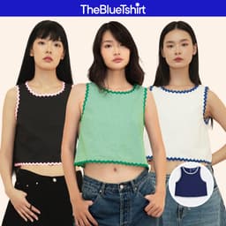 Thumbnail TheBlueTshirt - Áo Croptop sát nách cotton cổ tròn viền ren zigzag cho nữ - ZigZag Lace Top - Women 1