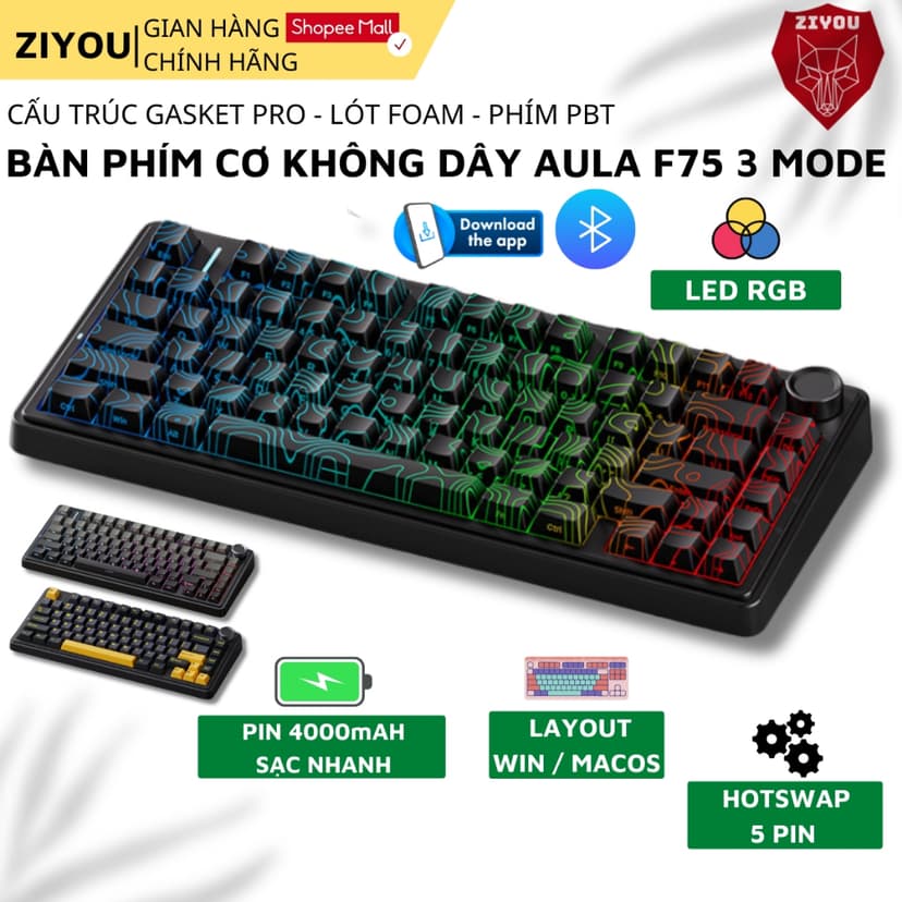 Ảnh Bàn Phím CƠ Bluetooth Ziyou AULA F75 Phiên Bản Mới PRO VIP V2 Led RGB Cho Máy Tính Laptop 1