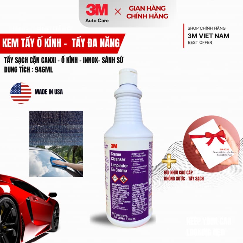 Ảnh - Kem Tẩy Ố, Mốc Kính Xe Hơi 3M™ Creme Cleanser Limpiador En Crema 946ml 2