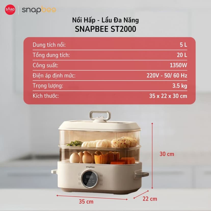 Ảnh Nồi Hấp Lẩu Điện 3 Tầng 20L SNAPBEE ST2000_5 Mức Nhiệt_Kháng Khuẩn_Không Gây Mùi [Snap Kitchen] 3