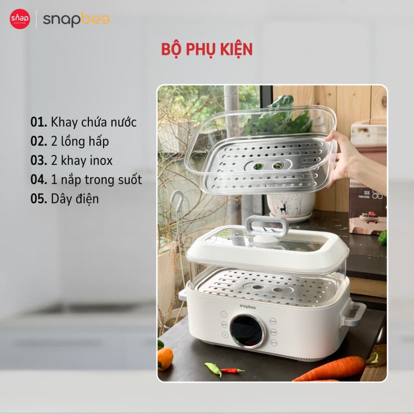 Ảnh Nồi Hấp Lẩu Điện 3 Tầng 20L SNAPBEE ST2000_5 Mức Nhiệt_Kháng Khuẩn_Không Gây Mùi [Snap Kitchen] 4