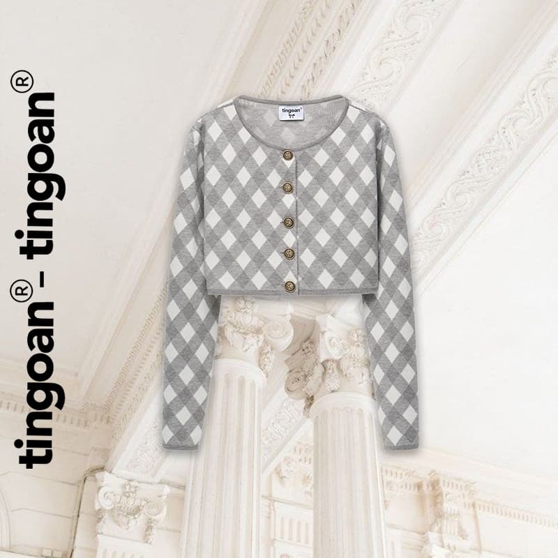Ảnh TINGOAN®  - Áo cardigan set len xù crop kẻ quả trám có quây xám tingoan LOVE YOU BACK CARDIGAN/GR PHIÊN BẢN MỚI t6.2024 1