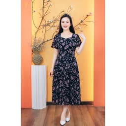 Thumbnail Đầm maxi trung niên cho mẹ - Cổ vuông tim tay loe - Đen hoa tím - TTV Store thời trang nữ TTV1826 1