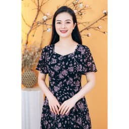 Thumbnail Đầm maxi trung niên cho mẹ - Cổ vuông tim tay loe - Đen hoa tím - TTV Store thời trang nữ TTV1826 3