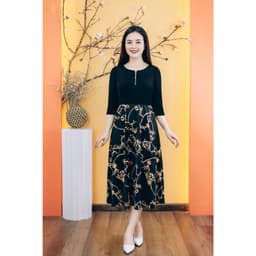 Thumbnail Đầm xòe trung niên cho mẹ - Cổ tròn tay lỡ - Đen họa tiết - TTV Store thời trang nữ TTV1828 1