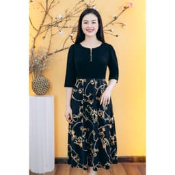 Thumbnail Đầm xòe trung niên cho mẹ - Cổ tròn tay lỡ - Đen họa tiết - TTV Store thời trang nữ TTV1828 2