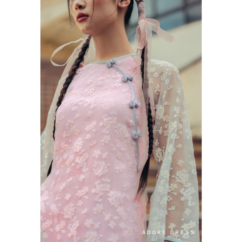 Ảnh 412AD1008 - Bộ áo dài nữ voan tơ hoa rơi hồng mơ phai ADORE DRESS 4