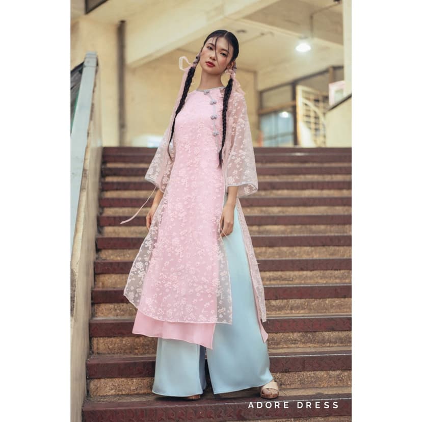 Ảnh 412AD1008 - Bộ áo dài nữ voan tơ hoa rơi hồng mơ phai ADORE DRESS 1