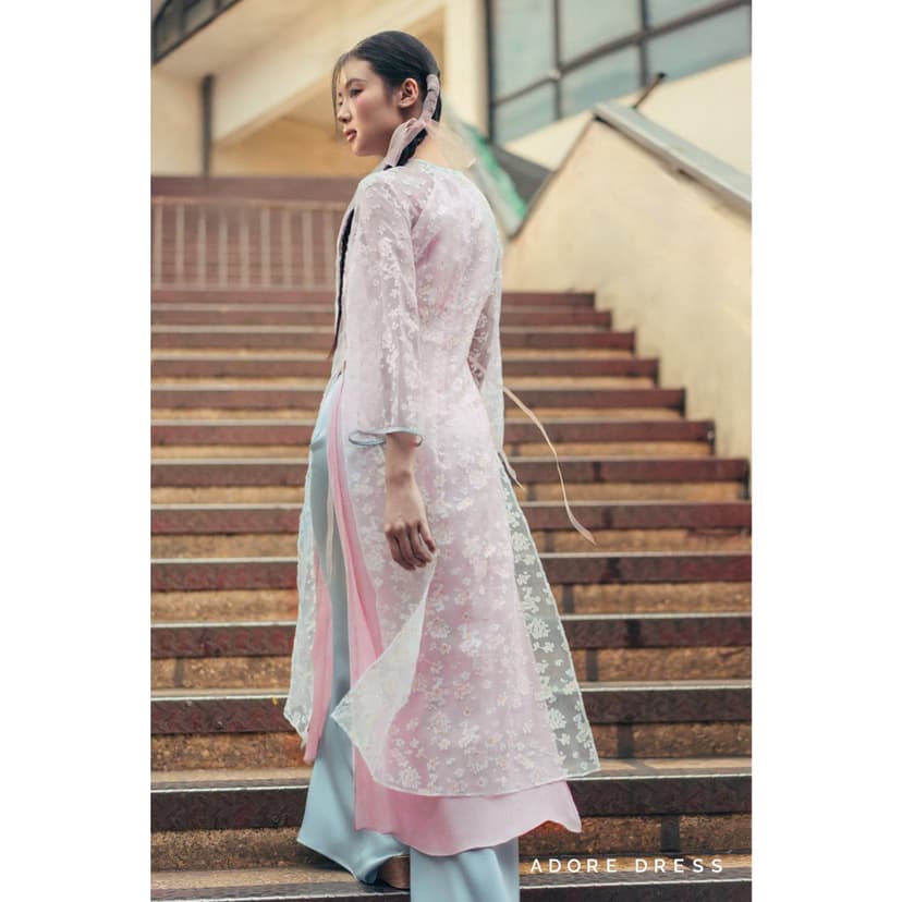 Ảnh 412AD1008 - Bộ áo dài nữ voan tơ hoa rơi hồng mơ phai ADORE DRESS 2