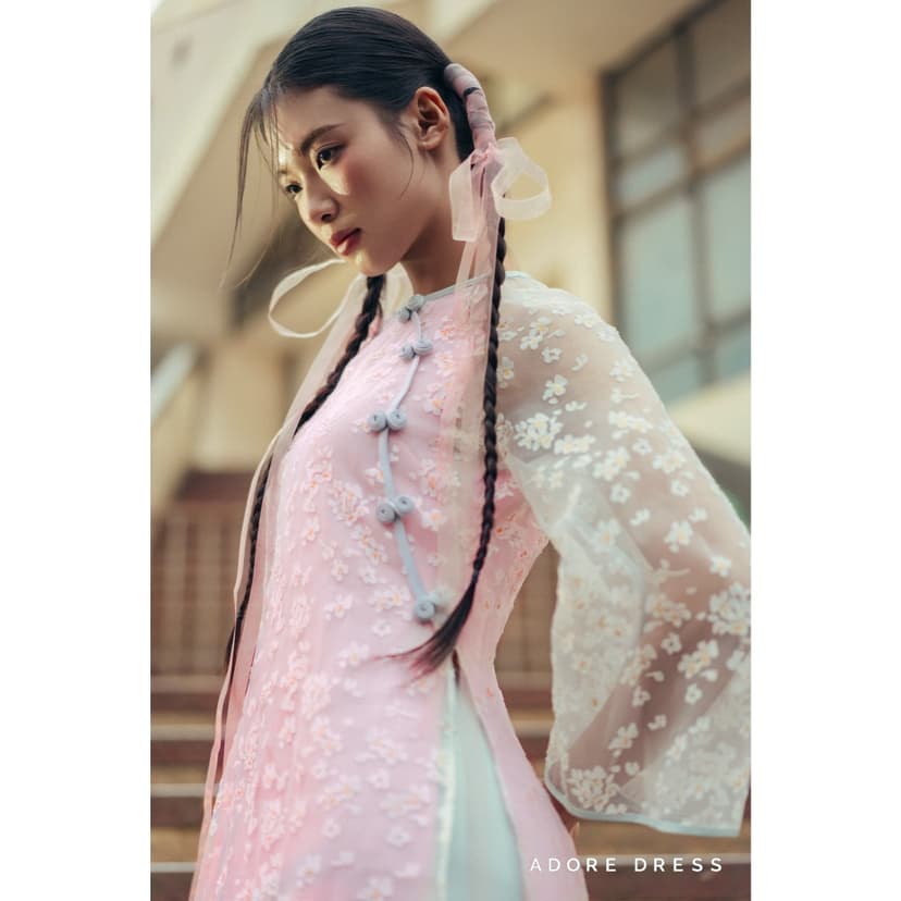 Ảnh 412AD1008 - Bộ áo dài nữ voan tơ hoa rơi hồng mơ phai ADORE DRESS 3