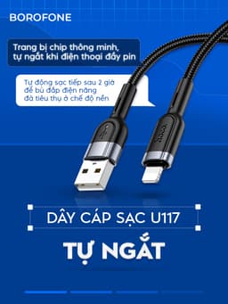 Thumbnail Dây sạc IP Hoco U117 12W có đèn, tự ngắt khi đầy pin, bọc dù bền bỉ, dài 1 mét 1